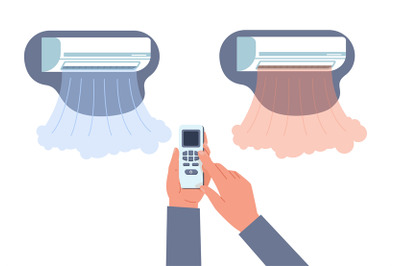 Hands switch air conditioner from cold air to warm air with remote con