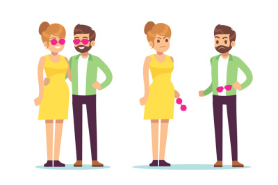 Joyful man and woman with pink glasses and sad without glasses. Optimi