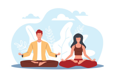 Man and woman do yoga and meditate together. Calm people sitting in lo