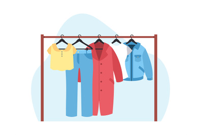 Sale concept, womens clothes hanging on rack. Coat, cotton t-shirt and