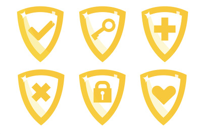 Set of shields with lock, yellow key and padlock, cross, heart and tic