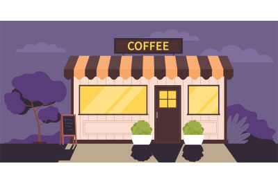 Street cafe with coffee and snacks at night time. Restaurant or shop a