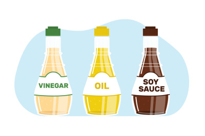 Vinegar, oil and soy bottle set. Sauce, condiment and dressing for cul