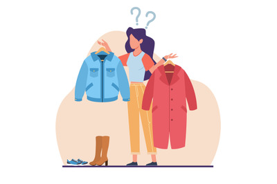 Woman is confused when choosing top outfit when going outdoors. Proble