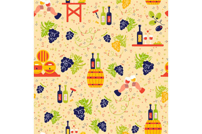 Seamless pattern with wine. Red and white grape drinks. Decor textile,