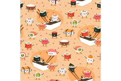 Seamless sushi pattern. Funny asian foods characters, japanese meal. D