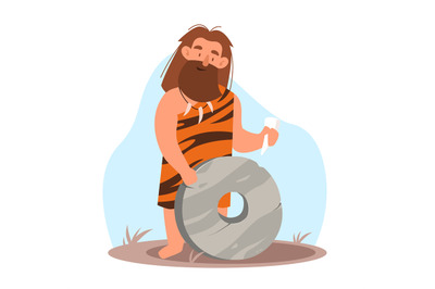 Ancient man with beard makes wheel out of stone. Stone age people, tig