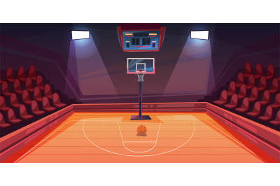 Basketball court with seats for spectators, ring and basketballs. Empt