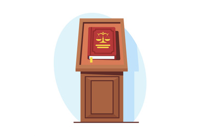 Book of laws or constitution lies on wooden pedestal. Legal documentat
