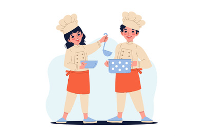 Cheerful boy and girl in chef costume holding pot and plate. Happy kid