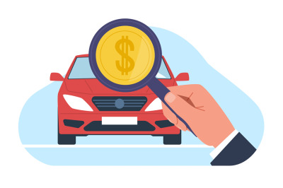 Concept of determining price of car, hand with magnifying glass and do