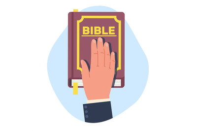 Concept of oath, hand resting on Bible. Swear on holy book, tell truth