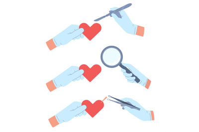 Concept of treating heart pain, gloved hands with scalpel, magnifying