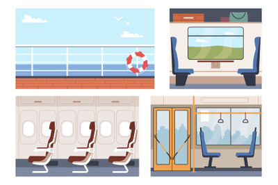 Empty lounges on train, airplane, bus and ship. Public transport inter