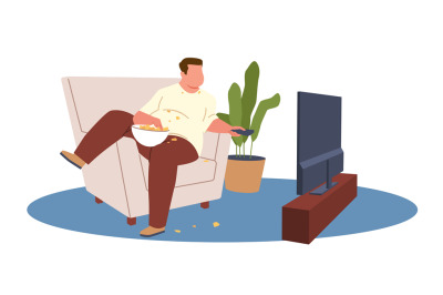 Fat man eats in front of TV. Boy sitting on sofa and watching televisi