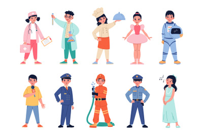 Cute young professionals. Children in different professions uniforms,