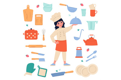 Cook character with professional accessories. Cute girl in uniform wit