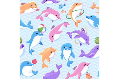 Funny color dolphins seamless pattern. Cartoon marine animals, toys an