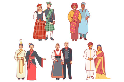 People in national costumes. Multicultural couples&2C; traditional folk w