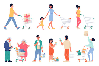 People with shopping carts. Happy buyers with supermarket baskets, sal