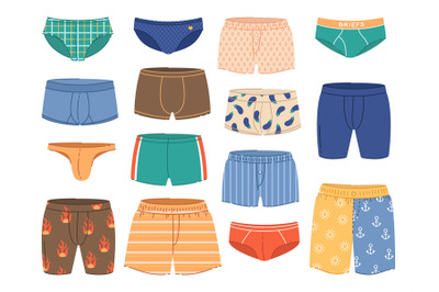 Cartoon male underpants. Patterned men underwear, various models, ever