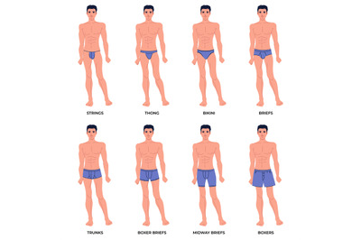 Men underwear on body set. Different types male underpants, popular mo