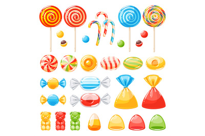 Cartoon candies. Multi colored different types caramel, in wrappers an