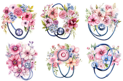 Doctor&#039;s Stethoscope with Peonies Clipart Bundle