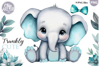Watercolor Floral  Unisex Baby Elephant 9 PNG Files Clip Art Set