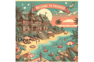 Welcome to paradise exotic places vintage flyer concept