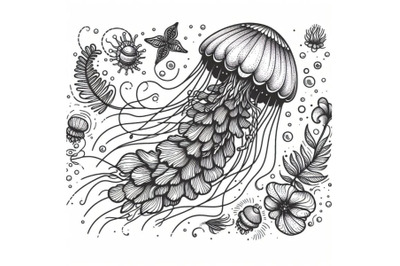 8 Jellyfish line art style. Hand  bundle