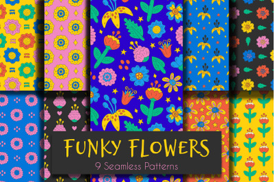 Funky Flowers Seamless Patterns JPG EPS
