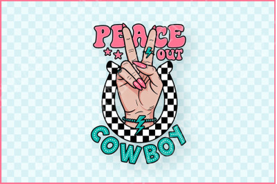 Peace Out Cowboy PNG, Vintage Country Western Shirt Design, Pink Cowgirl Sublimation, Trendy Desert Western Png, Retro Checkered Horseshoe