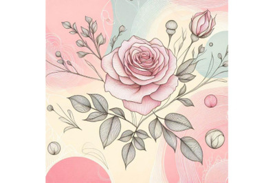 8 A pink rose Line Art and Pastel bundle