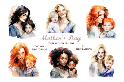 Mother&#039;s day watercolor clipart. Mom and child.