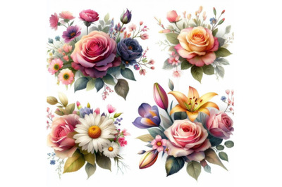 8 flowers in watercolor paintings set