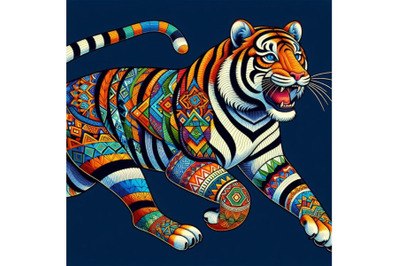 8 a tiger running with a colorful bundle