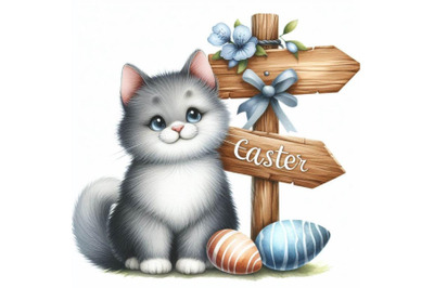 8 Watercolor Easter cat with sign bundle