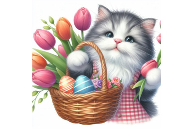 8 Watercolor Easter cat holding t bundle