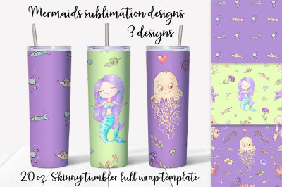 Cute Mermaid sublimation design. Skinny tumbler wrap design.
