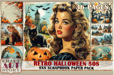 Retro Halloween 50s journal Scrapbook Paper Pack&2C;8x8 DIGITAL