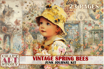 Vintage Spring bees Junk Journal Pages, digital papers