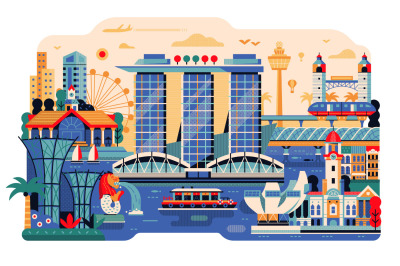 Travel Singapore Scene with Tourist Landmarks