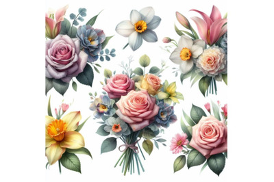 8 flowers in watercolor paintings set