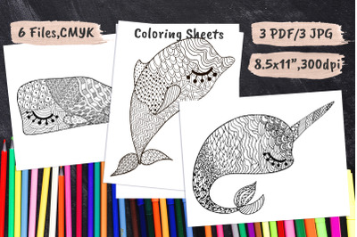 Sea Fish Coloring Book Sheets PDF, JPEG Whale Narwhal Dolphin Art Adul