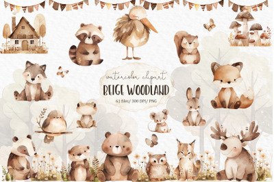 Neutral baby animals watercolor clipart