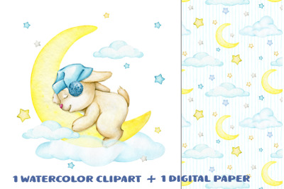 sleeping bunny digital paper moon sublimation design Watercolor illust