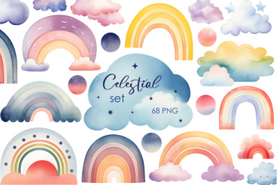 Celestial Dreams - Watercolor Rainbow &amp; Clouds Clipart Set (68 PNG Fil