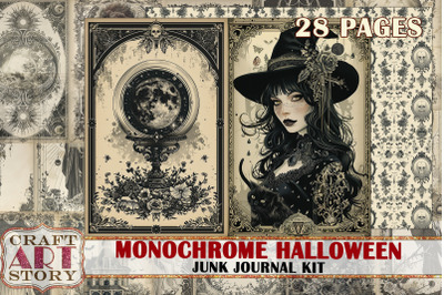 Vintage Halloween Junk Journal Pages,Monochrome scrapbook