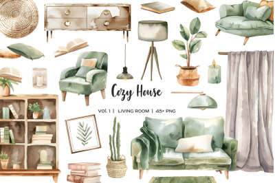 Watercolor living room clipart. Cozy house PNG. Living room furniture
